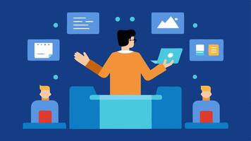 Remote Event Planning A project manager using AR to organize an event layout with virtual participants providing feedback on seating arrangements and stage setup in realtime.. vector