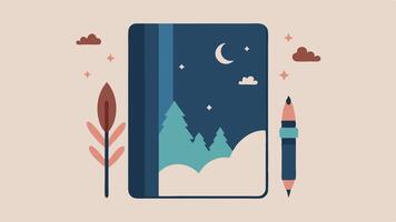 ScreenFree Journal A closed beautifully designed journal with a quill pen resting on it. The cover features doodles of trees mountains and stars emphasizing mindfulness and. vector