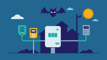 Smart Meter Installed in Bat A bat visual with a smart meter mounted on the wall linked to various appliances and home systems illustrating its central role in energy management.. vector