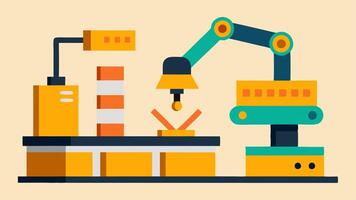 Robotic Arm Assembling Products A stylized robotic arm picking up components from a conveyor belt and assembling them into a finished product in a clean modern factory setting.. vector