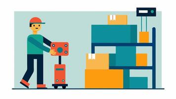 Shipping Facility An employee with an exoskeleton stacking boxes on a pallet emphasizing the mechanical advantages of lifting.. vector