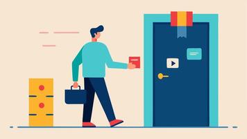 Seamless Exit A customer leaving the store with a visual indication of the automatic exit scanner that verifies purchases and deducts payment seamlessly.. vector