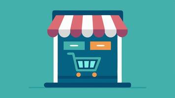 Shopping Cart Feature An illustration of a kiosk with a digital shopping cart icon allowing customers to drag and drop items they want to purchase into the cart on the screen.. vector