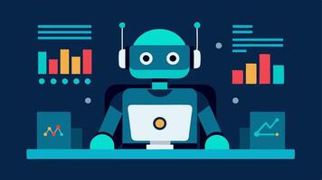 Robot Analyst Depict a friendly robot sitting at a desk with multiple monitors each showing different financial trends and AI predictions symbolizing the role of AI in market. vector
