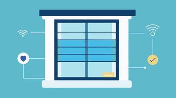 Smart Blinds An illustration depicting a window with smart blinds that can be adjusted automatically based on sunlight controlled via a smartphone alongside icons indicating energy. vector