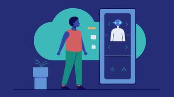 Smart Mirror Fashion Advisor A user is looking into a smart mirror that overlays suggested outfits and accessories with AI algorithms visibly working in the background.. vector