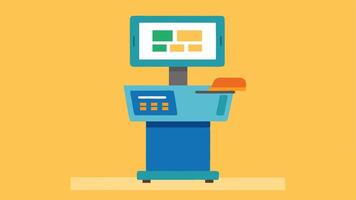 SelfCheckout Feature An illustration of a kiosk allowing customers to scan items as they shop displaying a running total of their purchases on the screen.. vector