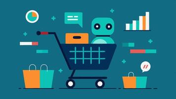 Shopping Cart and AI A grocery shopping cart filled with items with a futuristic AI robot character observing and processing data in the background symbolizing the analysis of. vector