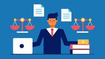 Search Automation A splitscreen image showing a lawyer on one side sifting through piles of documents and the AI on the other side quickly scanning and identifying relevant files. vector