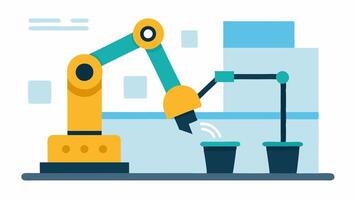 Robotic Arm Cleaning A robot equipped with a cleaning attachment maintains the cleanliness of the manufacturing floor showcasing an automated approach to workplace hygiene.. vector