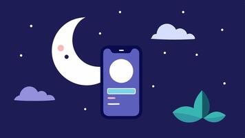 Sleep Tracking A serene depiction of a sleep tracking feature showing a peaceful night scene with a users phone displaying sleep quality metrics and a calming moon icon.. vector