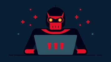 Robot Hacker A menacing robot character with glowing red eyes typing furiously on a laptop representing an AIdriven cyberattack. Code and binary numbers flow around it to. vector