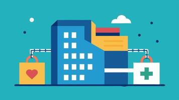 Secure Patient Record An illustration of a locked digital file folder with a blockchain chain visually connected to a stylized hospital building in the background symbolizing. vector
