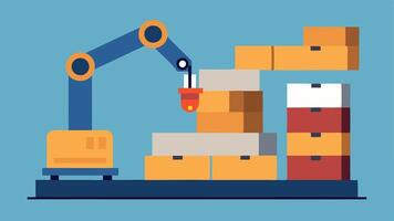 Robotic Palletizer A robotic arm stacks boxes or products onto a pallet demonstrating efficient packing techniques in a warehouse setting optimizing space.. vector
