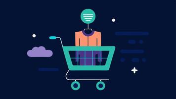Shopping Cart Suggestions A shopping cart filled with clothing items with an AI hologram floating above it showing interactive visual elements of the items being suggested.. vector