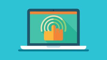 Secure Login A laptop with an open screen displaying a fingerprint scan prompt. A hand is moving towards the touchpad with an aura of light to symbolize security and technology.. vector