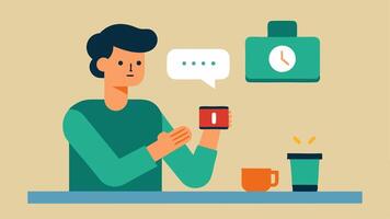 Smarch for Alerts A person in a cafe glancing at their smarch with an incoming message alert displayed on the screen.. vector