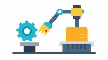 Robotic Arm Assembling Gear A robotic arm with a sleek design grips a metal gear carefully placing it onto a conveyor belt alongside other assembled parts.. vector