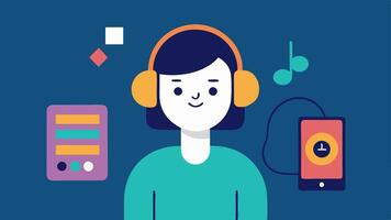 Smart Music Playlists A person with headphones enjoying music with a smartphone showing a playlist that has been personalized based on their listening habits and favorite genres.. vector