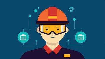 Smart Glasses in Production An illustration of a worker wearing smart glasses with a headsup display showing realtime defect alerts generated by an AI system.. vector