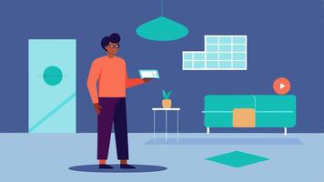 Room Styling Session An interior designer standing in an empty room with an AR interface showing virtual styling elements like wall colors textures and furniture that can be moved. vector