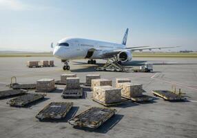 Airbus A350 parked at the airport terminal with cargo boxes ready for loading. photo