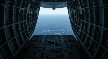 An aircraft's cargo door frames a view of the boundless ocean, a unique perspective. photo