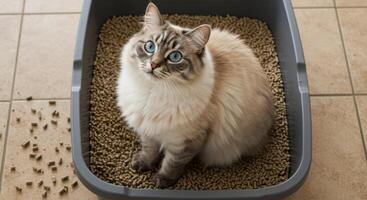 A beautiful cat with striking blue eyes sits in its litter box, looking up at the camera. photo