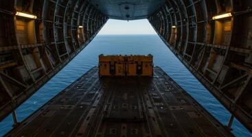 Inside view of a cargo plane with the rear open, revealing the sea and a crate of cargo. photo