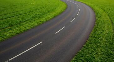 A smooth, curving road cuts through bright green fields, leading the way into the distance. photo