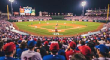 A blurry view of a baseball game in the stadium with fans filling the stands at night. photo