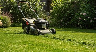 A close-up view of a lawn mower cutting grass in a well-maintained garden under the sun. photo