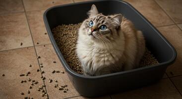 A gorgeous cat with captivating blue eyes rests peacefully in its litter box, looking up. photo