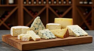 A selection of different cheeses on a wooden board, ready for a tasting or party. photo