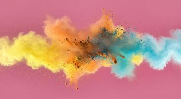 Colorful explosion of powder creating a dynamic burst of color against a soft pink backdrop. photo