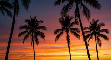 Palm trees are silhouetted against a vibrant, colorful sunset creating a tropical scene. photo