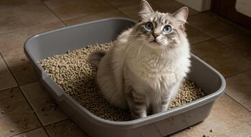 A gorgeous cat with striking blue eyes sits in its litter box, looking up with curiosity. photo