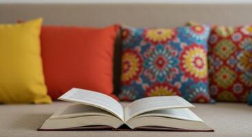 An open book on a couch with colorful pillows creating a relaxing reading scene. photo