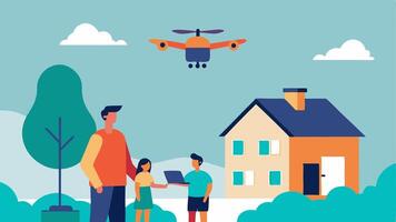 Residential Delivery A drone is depicted landing gently on a suburban homes front yard with a family waiting excitedly in the foreground as the package is released.. vector