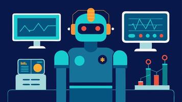 Sleep Study Robot A robot beside a patient in a sleep lab monitoring brain waves and breathing patterns with screens displaying analysis metrics.. vector