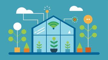 Smart Greenhouses A smart greenhouse with sensors monitoring temperature and humidity levels with an AI system adjusting conditions for optimal plant growth.. vector