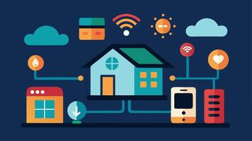 Smart Home Hub Interface A futuristic home control panel displaying interconnected appliances such as window shades security systems and kitchen tools showing their current status. vector