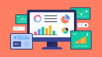 Resource Allocation A digital assistant monitoring resource usage on a dualscreen setup displaying graphs and charts indicating project statuses for different teams.. vector