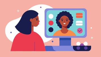 Skin Tone Matcher An illustration showing a user interacting with a smart mirror that analyzes their skin tone and suggests complementary makeup shades displayed in a palette.. vector