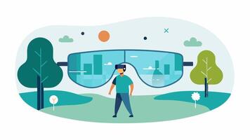 Smart Glasses A pair of augmented reality smart glasses displaying holographic information directly in the users line of sight showing data overlays while walking through a park. vector