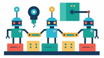Robots Sorting Components Several robotic arms sort various components on a production line using sensors to identify and categorize parts based on size and color.. vector