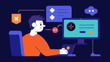 Session Recap An illustration showing a player reviewing their gaming session recap on a screen with an AI analyzing the footage and displaying key points for improvement like. vector