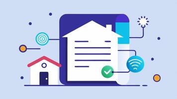 Smart Contract Document An illustration of a document labeled Smart Contract being signed digitally with a house icon at the top and blockchain nodes surrounding it.. vector