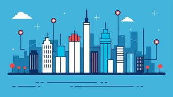 Smart City A city skyline where one half appears as a digital rendering with grid lines and data points while the other half is a realistic drawing of buildings and infrastructure.. vector