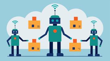 Robot Communication A group of autonomous robots communicating through visual signals indicating the status of operations while exchanging data in a connected warehouse. vector
